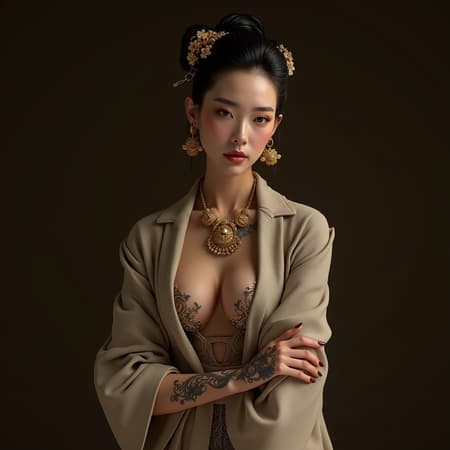 Elegant Japanese woman adorned in luxurious high-fashion, featuring a sophisticated coat and golden jewelry pieces. Her tattoos add an artistic flair, embodying opulence and grace. The imagery is hyperrealistic, akin to an 8k photorealistic capture powered by unreal engine. Composition is in an artistic, expressive style, maintaining the core of richness and elegance with subtle creative tweaks.