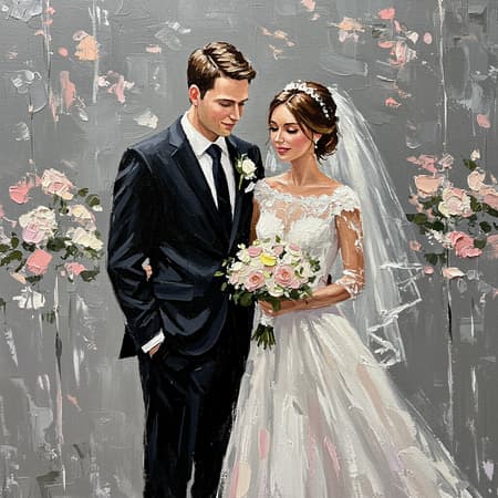 A vibrant oil painting on canvas depicts a couple standing closely at their wedding, exuding timeless elegance. The groom is dressed in a sharp black tuxedo with a subtle hint of satin on the lapels, while the bride is adorned in a stunning white wedding gown with delicate lace detailing on the sleeves and bodice. The painting's simple gray background enhances the sophisticated ambiance, with hints of silver embedded to reflect a sense of celebration and unity. Broad, sweeping brushstrokes infused with a gentle spatula technique add texture and depth, capturing the tender emotion and graceful poise of the newlyweds, while soft dabs of pastel color bring a modern twist to the classic scene.