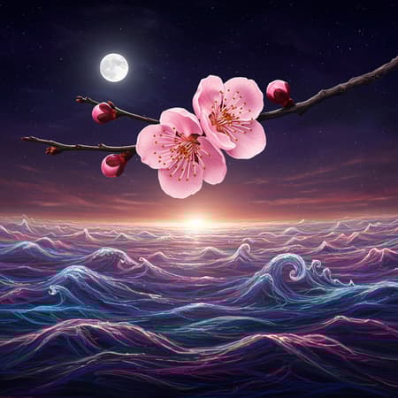 A luminous digital illustration of a plum blossom, set against a moonlit night, drawing inspiration from the serene works of George Lacom, Ji Sheng, and Marin. In this piece, the ethereal glow of the moon casts a dreamy, blurred light over the blossom, evoking an autumn night reminiscent of Shen Shichong’s luminous style. The composition unfolds in a surreal cosmic realm, blending the fantastic illustration style of Amédée Ozenfant with the otherworldly elements of the astral plane. Layers of light and shadow dance across the scene, with infinite waves and ripples reminiscent of fractal patterns, influenced by the psychedelic surrealist art of Dan Mumford and Alex Grey. This dreamscape teeters on the edge of optical illusion, with vibrant, ethereal waves creating a psychedelic atmosphere. The authentic ripple structures, inspired by Cyril Rolando, weave through the vista, emphasizing a cosmic balance. The artwork culminates in an infinite exploration of color planes, offering an opulent and timeless interpretation of surreal dreamlike visions within the digital realm.