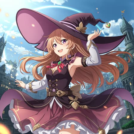 2D illustration of a young, enchanting witch wearing a beautifully detailed witch hat and a flowing witch dress. Her stray hair frames her face, creating a dynamic sense of movement, while a magical aura shimmers around her. The shot is centered and focused, perfect for an Instagram-worthy selfie, capturing her in a close-up with vibrant colors. The scene exudes the professional charm of a Makoto Shinkai work, filled with ultra-high resolution and fine details, including real shadows that add depth. Her pose is dynamic yet graceful, showcasing an extremely delicate and breathtakingly detailed appearance in 16K quality.