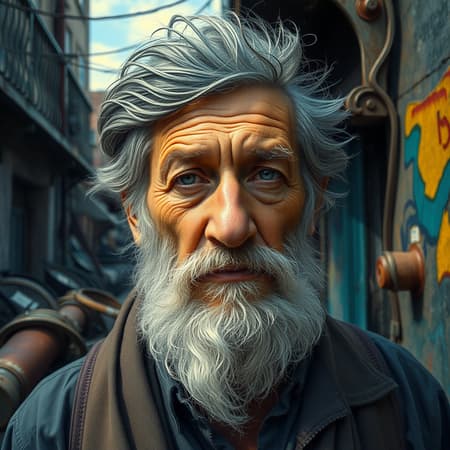 A photorealistic digital painting capturing an elderly man with a weathered beard intertwined with dark gray strands, standing amidst an urban landscape reminiscent of algeapunk with hints of rusty debris. The scene is alive with vibrant colors and textures, channeling the vivid style found in flickr urban portraits. The man's face is a soft-focus masterpiece, juxtaposing the sharp detail of the urban decay behind him, telling stories of time long passed yet brimming with contemporary vitality.