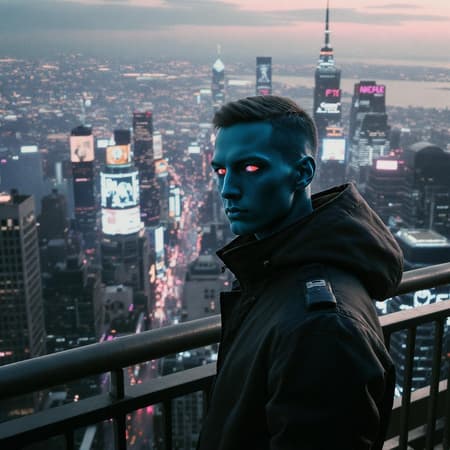 Dystopian High-detail Dystopian high-detail RAW color photo, full shot, standing on an overlook, gazing at an expansive cyberpunk city skyline. Perfect face, enhanced by raytracing and specular lighting, framed with shallow depth of field from a 200mm lens. The scene is hard-focused, smooth, resembling a cinematic film still with CGI elements. Rendered in 3D, the visual is polished, taking inspiration from an octane render. The atmosphere may hint at low resolution and jpeg artifacts to emphasize the grit of the dystopian setting, while avoiding any signs of deformation, poor anatomy, or other visual imperfections. The subject is central and clearly defined, maintaining human-like attributes without anatomical anomalies.