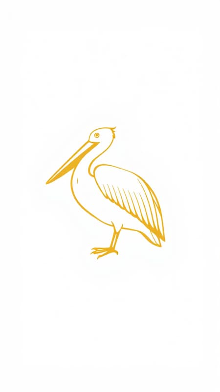 Vector drawing of a corporate logo with a highly stylised pelican, featuring a gold pelican on a white background. The design is minimalistic, elegant, and corporate with a classy aesthetic. It's a digital vector drawing with clean lines and precise form. Inspired by Tom Geismar's style in corporate graphic design and branding. The image is clear, high quality, and well-framed. The pelican is gracefully posed, maintaining balance and sophistication. The design excludes elements like bad anatomy, watermarks, or any signs of low quality.