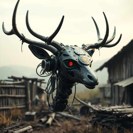 A futuristic, digital art depiction of a robotic deer head adorned with intricate cybernetics, evocative of designs by James Paick and Roger Dean. The head exudes an ominous, malevolent aura, set under dramatic studio lighting with an 800mm lens, showcasing a cybernetic photograph that balances realism and photorealism. The scene is juxtaposed with elements of the modern day, integrating mundane, rustic, and primitive scenery. Its design merges organic simplicity with historically traditional features, presenting a captivating fusion of the natural world and advanced technology.