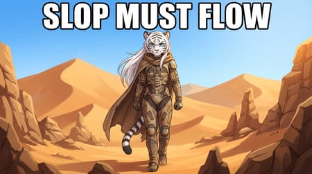 Anime style, full body shot of an anthropomorphic white tiger girl, with white fur, black stripes, and long white hair, wearing a distressed, futuristic, desert-weathered stillsuit, standing in a vast desert landscape with sand dunes and rocky outcrops. She has striking bright blue eyes and a serious, slightly annoyed expression. The lighting is bright and even, suggesting a clear desert day, with warm orange and yellow tones dominating the sand and a clear blue sky. The atmosphere is dry and expansive. Text overlay at the top reads "SLOP MUST FLOW" in bold white letters with a black outline.