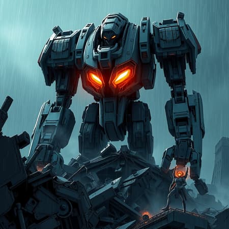 Robot Poised A colossal robot poised atop the ruins of a shattered building, its eyes casting an eerie glow. The scene evokes the intricate design of Bionicle and mecha, blending elements of a cyberpunk mask. It's raining, with smoke curling up from the debris. The visual is complex, rendered in ultra-high detail with an 8k resolution, playing with depth of field to enhance its CG and unity presence. Crafted as a stunning wallpaper, the robot is both amazing and intricately detailed. The atmosphere carries an essence of a cartoon and anime blend, capturing finely sketched nuances. Despite the chaos, there's a remarkable quality that underpins this extraordinary scene.