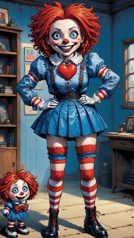 demented, psychotic, human-sized Raggedy Ann. She is a refugee from Toyland. Tall, strong, athletic, bouncy. Bright red yarn hair, wild and untamed. Canvas cloth skin. Blue almost-human glass eyes. Orange triangle nose, bright red smiling mouth. Long sleeved pullover shirt with blue and white horizontal stripes, a big red heart on the front of the shirt. Soft-blue pleated miniskirt with matching leg warmers. Red and white stockings with horizontal stripes. Black patent-leather shoes. Full body pose, probably fighting someone. 