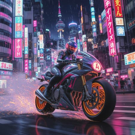 Cityscape Unfolds, Dominated Art A futuristic cityscape of neo-Tokyo unfolds, dominated by neon lights and towering skyscrapers. A woman clad in sleek, aerodynamic gear, her helmet reflecting the vibrant hues of the metropolis, expertly maneuvers her motorcycle through the bustling streets. The machine roars with power, its retrofuturistic design a nod to 80's anime aesthetics. The energy of the scene captures a sense of adventure and rebellion, reminiscent of a classic anime epic. The city around her is a symphony of colors and lights, blending the old with the new in a dazzling display of technological prowess and artistic flair.