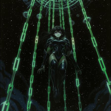 A 90s-style dark fantasy anime scene features a beautiful girl with a well-defined figure dressed in intricate, dark knight armor and supple leathers. She is entangled in glowing, vibrant acid green chains that stretch from the edges of the canvas, suspending her. The backdrop is an apocalyptic, deep black cosmos punctuated by unsettling, luminous eyes watching her intently from the shadows. The image carries a nostalgic graininess reminiscent of classic series like Cowboy Bebop, Evangelion, and Berserk, evoking a haunting yet captivating atmosphere. The girl's expression reflects both determination and vulnerability as she hovers in this eerie, surreal setting.