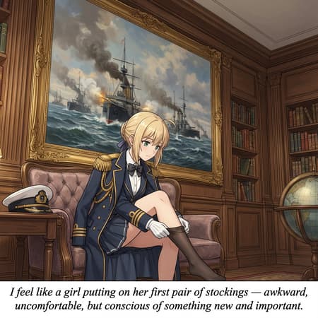 An elegant study room with a massive wall-sized painting depicting the naval battle between the ironclads CSS Virginia and USS Monitor during the American Civil War. The painting dominates the entire back wall, dramatic and historical.

In the foreground, an anime-style young woman is sitting on a chair. She has blonde hair and green eyes. She is wearing a double-breasted blue naval officer’s coat with counter-epaulettes, a naval officer’s peaked cap, a bow tie, white gloves, and a pleated skirt. She is in the act of putting on stockings, captured in a quiet, introspective moment. Her pose is slightly awkward but gentle, emphasizing subtle emotion rather than sensuality.

Soft, cinematic lighting, refined interior, historical atmosphere, detailed anime illustration, high quality, clean linework, balanced composition.

Italic caption at the bottom of the image:

I feel like a girl putting on her first pair of stockings — awkward, uncomfortable, but conscious of something new and important.