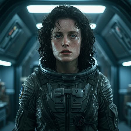 Epic cinematic 8k wallpaper of Ellen Ripley, her face resolute and determined, inspired by the iconic Alien movie. She stands as an astronaut, donned in an intricately designed and ornate space suit, with beads of sweat glistening on her cheeks and forehead. Her symmetrical features exude strength and beauty. Positioned in a dynamic action pose within the Nostromo space shuttle's interior, the scene is set in a sci-fi universe with cutting-edge technology. The use of Ray Tracing provides extraordinary detail and highest quality realism, akin to promotional art with overcast reflection mapping. The setting is photorealistic and cinematic, matching the expertise of movie-quality VFX post-production. Enhanced by RTX ray tracing lighting, the image achieves an ultra-realistic finish, as if shot on a Canon 5D in breathtaking 8K resolution.