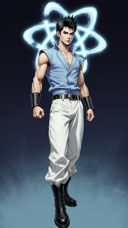 Male super-hero of Asian heritage, probably Japanese-American, ultra futuristic cyberpunk style. Tall, slim but muscular, sinewy. Short, black spiky fade hairstyle, close cut on the back and sides, longer on top. Black eyes, strong brow and jaw, high cheekbones, handsome. Clean shaven, no facial hair. Sleevless V-neck jacket, periwinkle blue in color, pointed at the shoulders. Pants are white and slightly baggy cyberpunk style, tapered at the bottoms, but roomy enough for him to fight. Black leather belt with metal studs around his waist. Short black leather bracers around his wrists. Black leather ankle length boots on his feet. 

Pale blue energy swirls around the crown of his head like an atom, constantly moving. He is a psionic with telekinesis and telepathic powers. He can move objects with his mind and attack with mental energy. Full body pose, likely using his power to levitate. 