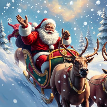 Christmas card featuring Santa Claus joyfully steering his sled through a vibrant winter wonderland, captured in ultra high definition 32k resolution. The scene is painted in the vivid and dynamic style of quadratura, bursting with energy and movement. Snowflakes elegantly cascade around the sled, enhancing the lively atmosphere, while reindeer gallop with enthusiasm. The colors are rich and full of life, making the image feel almost three-dimensional, enveloping viewers in the holiday spirit.