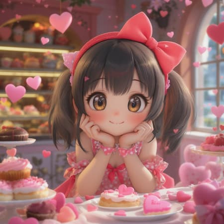 Valentine's Day holiday personified as a charming girl, portrayed with a cute and playful demeanor, created in Unreal Engine with highly detailed rendering. The illustration blends the vibrant style of Artgerm with a touch of Studio Ghibli's whimsical charm, reminiscent of a DeviantArt showcase. Exhibiting sharp focus and dynamic composition akin to an ArtStation gallery piece, infused with Alexei Vinogradov's signature flair for capturing warmth and personality. The setting is a dreamy bakery, surrounded by heart-shaped pastries and pink-hued decorations, illuminating the essence of love and joy. Valentine's Day holiday personified as a charming girl, portrayed with a cute and playful demeanor, created in Unreal Engine with highly detailed rendering. The illustration blends the vibrant style of Artgerm with a touch of Studio Ghibli's whimsical charm, reminiscent of a DeviantArt showcase. Exhibiting sharp focus and dynamic composition akin to an ArtStation gallery piece, infused with Alexei Vinogradov's signature flair for capturing warmth and personality. The setting is a dreamy bakery, surrounded by heart-shaped pastries and pink-hued decorations, illuminating the essence of love and joy.