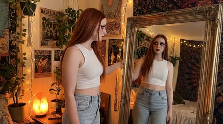 Full body shot of a redhead woman in a cozy bedroom, wearing a white crop tank top and light blue denim jeans, long straight red hair, gothic makeup with red streaks under eyes, standing in front of a mirror, aesthetic room decor, plants and posters on the wall, soft orange ambient light, photorealistic, ultra-detailed.
