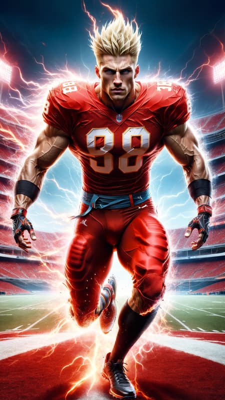Super-hero, football Player, sports figure, college football. Hypermasculine male, Caucasian white male, young man (about 18 thru 21). Tall, muscular, sinewy, athletic, fit, wide bach and shoulders, broad chest, narrow waist, big thighs and calves. Super fast, can outrun a car, leaves a trail of wind in his wake. Unstoppable, can plow through his opponents on the football field. Handsome, rugged good looks. Light golden blonde very short hair, flat top hairstyle, close on sides and straight spiky on top. Deep set aqua-blue eyes, strong brow and chin, mild soul patch on face. Cleft in chin, cute dimples on face. Black strips under his eyes to reduce glare. Bare chest, shirtless, sweat running down his chest and legs after a hard practice. Black shoulder pads, elbow pads and knee pads on the outside of his body. Bright red (((red))) shiny football shorts stretched over his bulging crotch, revealing strong powerful thighs and legs. Black cleated football shoes. Usually running, a need for speed. Full body pose. 