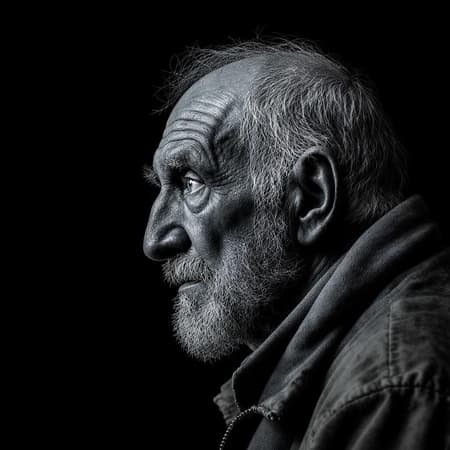 A deeply detailed side profile portrait of an elderly, weary homeless man against a stark black background. Captured in high-definition black and white, every line and wrinkle on his face tells a story of hardship and resilience. His eyes, filled with a blend of wisdom and sorrow, suggest a life marked by deception and madness. His expression, a complex tapestry of emotions, reflects the testing passage of time. The image, reminiscent of a classic Mamiya photograph, evokes a sense of quiet dignity amidst adversity.