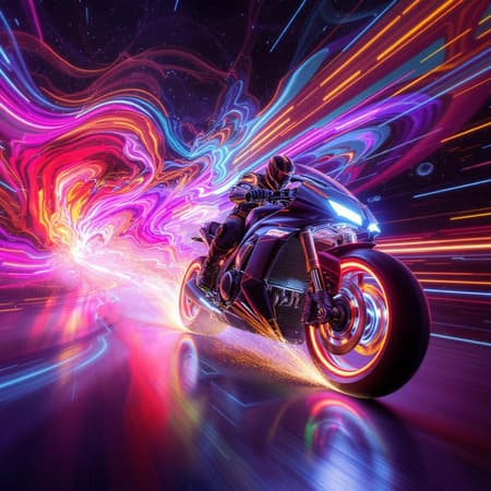 Knight rider's spirit, traveling at light speed, engaged in hyperdrive mode, through a vibrant, neon spectrum of extreme rainbow streams, illuminated with intricate detail and cinematic lighting, creating a visual symphony.