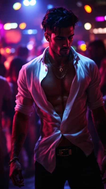 I had a dream... I was in a nightclub, and there were people on the dancefloor. The lights were bright and blinking, pulsing. The music was booming and the Bass was bumping. Then I saw him on the dancefloor... Guido. tall, masculine, rugged, handsome, sexy. Italian heritage. Muscular, fit, athletic. Dark black wavy hair, short on the sides and back, longer on top and combed back. Silky white shirt, unbuttoned to his navel, gold chains around his neck, tight black jeans revealing a bulge in his crotch. His moves were erotic and sensuous, grinding his hips and thrusting his pelvis. I could smell his cologne across the room, Sweat running down his body. C'mon, Guido, take off that shirt, I wanna see that muscular chest. I love the way your thighs are testing the denim of those jeans. Raise your arms, lemme see those hairy pits. I wanna lick the sweat from your body. Show me what you've got. He was about to do just that before I woke up... 