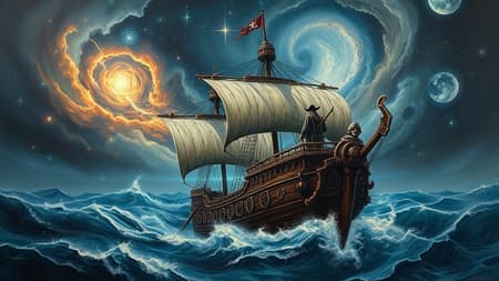 A mesmerizing oil painting with heavy impasto depicting a formidable pirate ship cutting through turbulent cosmic seas, shrouded in an eerie otherworldly mist. At the helm stands the captain, a figure of imposing presence, clad in tattered regalia that hints at his unknowable journeys. The sky above swirls with dark, nebulous galaxies, tendrils of cosmic horror extending impossibly across the canvas. Stars flicker ominously, casting an ethereal glow on the intricate details of the ship, its wooden hull seemingly alive with ancient runes. This elegant and intricate work, reminiscent of a concept art piece by Craig Mullins, is rich in texture and detail, inviting viewers to explore the mysterious interplay between human ambition and the unfathomable depths of the universe.