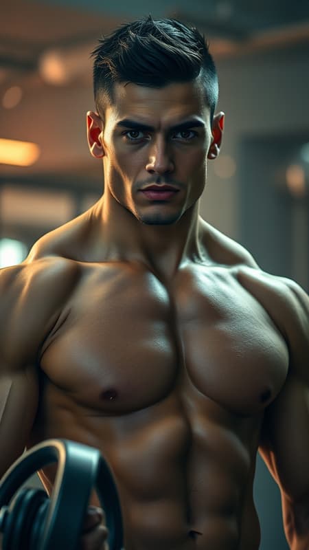 Tall and muscular figure, standing at 187 cm, with a chiseled physique and well-defined muscles. Jet-black, neatly cropped hair frames a strikingly handsome face with a captivating expression. His eyes, an intense shade of crimson, seem to pierce through the surreal setting. In one hand, he holds a piece of gym equipment, suggesting strength and power. The scene is captured in stunning 8K quality, with cinematic lighting that enhances the depth and drama of the image, adding to its powerful visual impact. The overall atmosphere blends elements of reality and imagination, creating a surreal, yet compelling picture.