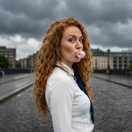 a beautiful long curly haired ginger woman with an unusually stunning face. She is blowing a bubble with bubble gum while standing at a three quarter angle. she is is looking sideways at the viewer, she is dressed in a tight white blouse with a blue necktie, She is standing outside, the sky is very dark and cloudy looking like it's about to rain.