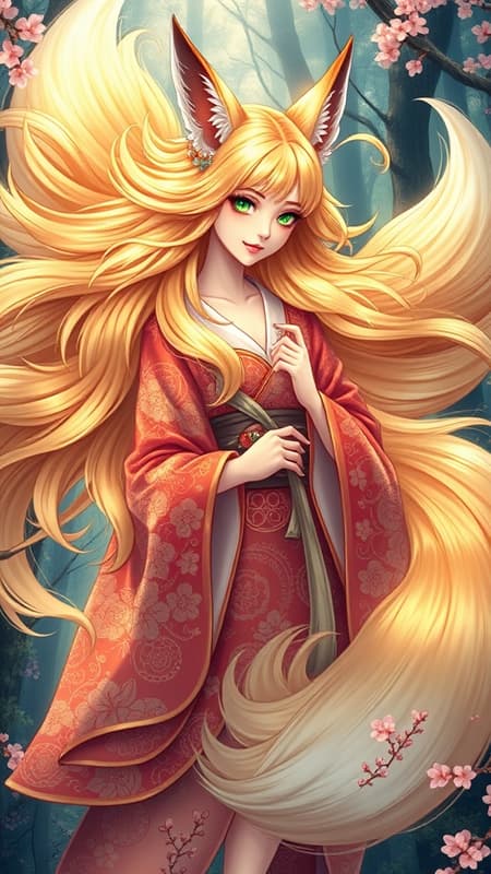 In this hyper-maximalist vision, an awe-inspiring portrayal of the ultimate nine-tailed fox girl emerges. She graces a mystical woodland, radiating ethereal grace. Her flowing locks, the color of molten gold, glow with an inner luminescence. Her mesmerizing emerald eyes, filled with ancient wisdom and playful mischief, captivate any soul who gazes upon them. Her porcelain-like skin is adorned with delicate cherry blossom patterns that subtly dance with the changing light. Her nine magnificent tails, each embellished with patterns derived from diverse art movements, create a harmonious visual symphony. Wearing an ornate kimono inspired by traditional Japanese woodblock prints, its exquisite detail is a testament to the artisan's craft. The enchanted forest around her erupts with vivid colors, merging the realms of surrealism and fantasy. This epic creation stirs awe, blending hyper-realistic rendering, intricate details, and a flawless integration of styles. It stands as a groundbreaking testament to the artist's mastery, drawing viewers into a realm where beauty and magic coexist. With meticulous attention to detail, it transcends visual boundaries, offering an eternal encounter with the extraordinary nine-tailed fox girl—a magnificent embodiment of artistic prowess.