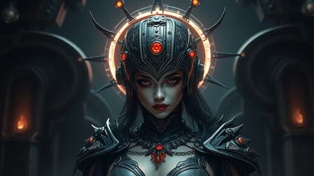 Gothic female warrior, battle-hardened with a heads-up display, navigating a dark digital fantasy high-tech world with sinister vibes and an intimidating presence. Enveloped in an aura of dark mystery, her appearance is haunting and dramatic, with intricate and ornate detailing. A glowing mechanical halo encircles her head, adding to her enigmatic allure in a world that's both advanced and ominous.