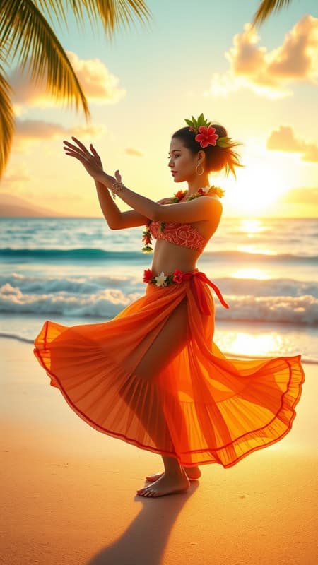 A stunning traditional Hawaiian hula dancer gracefully performs on a pristine tropical beach, her movements echoing the rhythm of the ocean waves. The scene is captured in an ethereal and dreamy oil painting, inspired by the enchanting style of Studio Ghibli and the marine artistry of Robert Wyland. The setting sun casts dramatic cinematic lighting, illuminating her flowing skirt and the vibrant flowers in her hair. The composition, reminiscent of a 50mm lens shot, is hyper-realistic and exquisitely detailed, capturing the dancer's serene expression and the soft flutter of her hands. Gentle sea breezes rustle palm fronds, while a warm golden glow envelops the tranquil landscape.