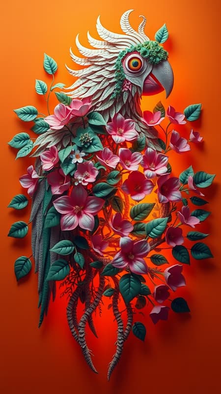 An intricate 3D abstract parrot composed of interwoven foliage and blooming flowers, softly emitting a gentle glow against a warm, orange background. An intricate 3D abstract parrot composed of interwoven foliage and blooming flowers, softly emitting a gentle glow against a warm, orange background.