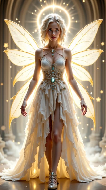 Cosmic, universal. The light of Heaven is with her, no shadow dares approach her. Faery Queen and Archangel in one. Sylph, fairy. Regal, royal, elegant.  Beautiful young face, shining chartreuse green eyes with long blond lashes. Short white-gold hair, side swept on one side forming a beautiful braid in the back of her head, side swept bangs fall over her eyes. Over her head is a halo made of stars, with the center star being the brightest. Elvish ears. Delicate model face with glossy pink lips.  A white lace collar with a diamond at the center around her neck. She wears a white pearlescent royal long sleeved tiered gown, embedded with crystals, a silver belt with diamonds around her waist. The tiered bottom half of her dress is shorter on the sides, revealing long lovely legs. On her back is an enormous, over-sized pair of dragonfly wings, translucent and iridescent with all the colors of the rainbow/spectrum. She wears a pair of silver high heels with silver gladiator straps. She leaves a cloud of glitter wherever she flies. She shines with a silver light/aura, she radiates light and power. Full body pose, opening a portal to Heaven and entering the light... 