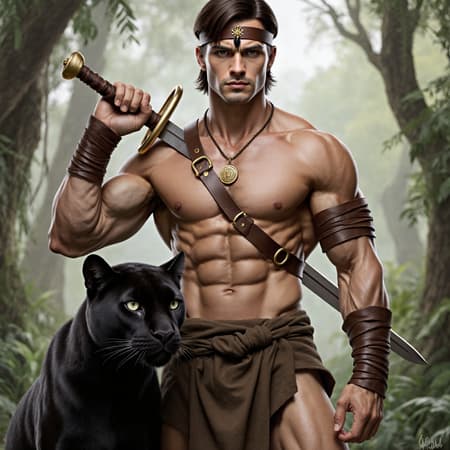 hypermasculine male, manly. Caucasian jungle man, dark brown hair short on sides longer on top. A brown leather band tied around the forehead. Tanned skin, smooth and hairless. Pale grey eyes with intense spiritual gaze. Strong brow and chiseled strong jaw, handsome, rugged looks. Soul patch on face. Tall, strong, muscular, sinewy, well defined, broad shoulders, broad chest, wide back. Olympian gymnast build/body. Gold necklace/talisman with leather strap around the neck. Wrapped brown leather bands around wrists, bands around tops of biceps, accenting big arms. Brown o-ring harness on the chest, strapped from the shoulder. Brown leather loincloth, barely covering  bulge in the groin area, exposing strong powerful legs. Soft, brown cloth knee-high boots wrapped around legs. Full body pose. He wields a unique bastard sword that he straps to his back. He keeps company with a huge, sleek black panther. ((MASTERPIECE))