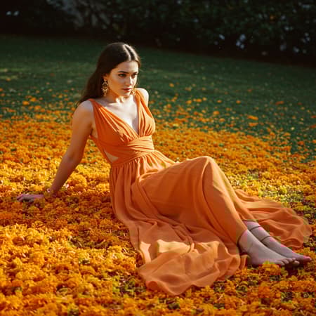 Vintage-style film photograph capturing a stunning model in a flowing tangerine gown, reclining gracefully amidst a sea of sunlit marigold petals, evoking a sense of warmth and elegance with a nostalgic touch.