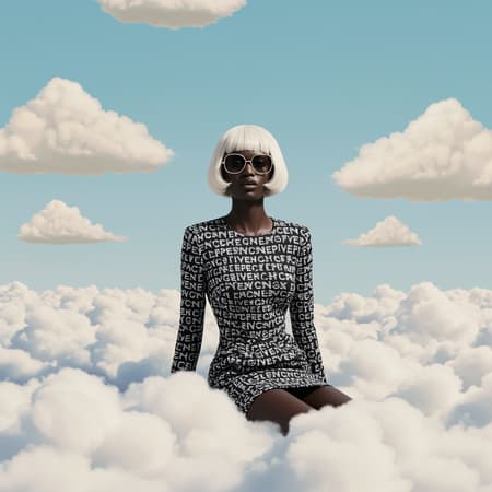 An artistic photo of a whimsical black woman perched atop puffy white clouds, adorned in an elegant Givenchy dress subtly showcasing the Givenchy logo, her striking hair styled in a dramatic platinum blonde bob. She wears oversized sunglasses that reflect a playful confidence. The backdrop features a serene baby blue sky with whimsical cloud patterns, all captured with a gentle, dreamy palette of muted earth tones, reminiscent of a signature Jimmy Marble shot.