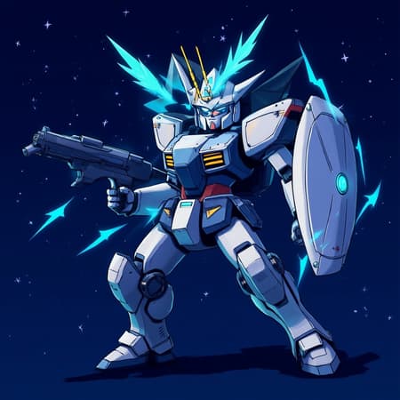 Illustration of RX-78-2 Gundam featuring its iconic shield and weapon, inspired by the style of Kunio Okawara. The Gundam stands in a dynamic pose, emphasizing its robust design and mechanical details. Its armor is embellished with subtle, futuristic patterns that add a modern twist to the classic look. The scene captures the vibrant, high-contrast colors typical of anime, set against a dramatic backdrop of a starry sky. Soft lighting accentuates the metallic surfaces, giving the Mobile Suit an almost ethereal glow, while maintaining the essence of the legendary Mobile Suit Gundam.