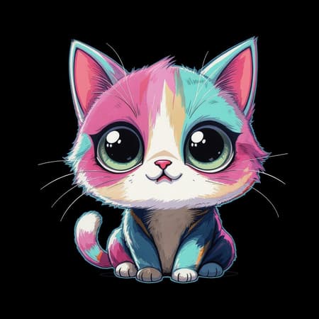 Adorable vector illustration of a whimsical cat character designed for a t-shirt, featuring a playful mix of pink, blue, yellow, and green hues set against a sleek black background, capturing a vibrant and clean aesthetic with a hint of gloss and highlighting its expressive eyes and joyful demeanor.