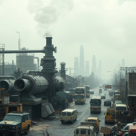 AI Dystopian Urban Design Dystopian urban sprawl, grimy industrial engine, desolate, post-apocalyptic streets, solemn yet dramatic, intricately detailed skyline, vehicles weathered and distorted, simplistic yet unsettling, rough and misshapen, cacophonous with ambient noise, hazy and indistinct, muted tones contrasting with bursts of vibrant optimism, pockets of unexpected color and life amidst the bleakness, offering a hopeful glimpse in the midst of chaos.