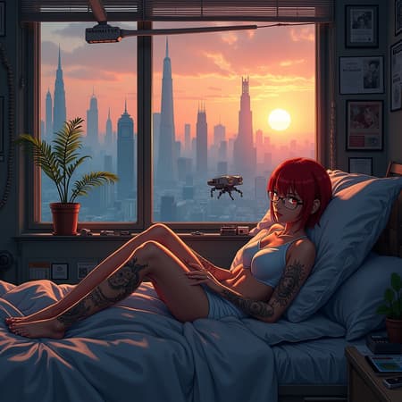 Futuristic cityscape inspired by Ghost in the Shell, young woman with red hair and glasses, revealing intricate tattoos, reclines on her bed, a small robotic assistant hovering nearby. The room is cluttered with mechanical gadgets and devices, a plant sits on the windowsill, skyscrapers loom outside under the rising sun's glow. Walls are adorned with atmospheric and aesthetic posters. The scene is intensely detailed with an anime influence, capturing an ultra-modern yet personal space.