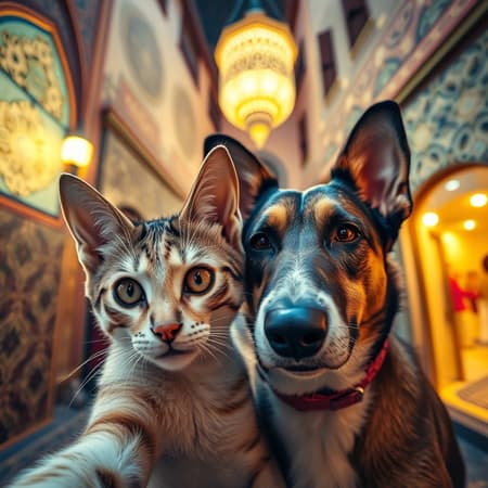 Colorful, Highly Detailed Art A vividly colorful, highly detailed selfie of a cat and a dog in the enchanting streets of Marrakech, Morocco, where intricate patterns and elegant symmetry create a cinematic backdrop. The scene is illuminated by dramatic ambient light, capturing the fine, sharp focus of their expressions. With great composition and a coherent atmosphere, the image exudes luxury and futuristic elegance. The surrounding environment is glowing with epic brilliance, showcasing an inspiring and dynamic interplay of light and shadows. The picture's ambient charm and perfect symmetry make it a fantastic visual narrative, exuding a sense of thoughtfulness and coherence that elevates it to a winning and extraordinary level.