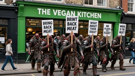 Photorealistic image of a horde of Uruk-hai, from Lord of the Rings, carrying protest signs, standing in front of a modern city vegan restaurant called "THE VEGAN KITCHEN". The Uruk-hai are bloody and menacing, with detailed armor and weapons. Their signs read "BRING BACK MEAT", "WHAT ABOUT THEIR LEGS?", "NO PLANTS, ONLY FLESH", and "WHERE IS THE MEAT?". The restaurant facade is clean and brightly lit with green accents, displaying "100% PLANT-BASED" and "THE GREEN TABLE". Pedestrians walk by on the sidewalk, oblivious to or ignoring the Uruk-hai. Daytime lighting, creating a surreal and humorous contrast between the fantasy characters and the mundane urban setting. The overall atmosphere is a blend of dark fantasy and satirical humor.