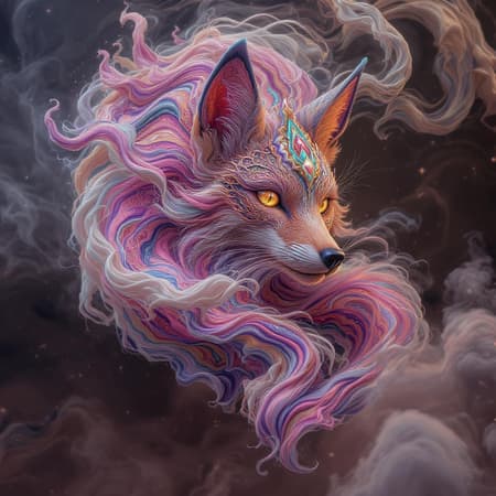 Ornate and intricate mythical fox spirit with a psychedelic aura, swirling through turbulent fluid patterns; its presence mirrored in fractal designs and enveloped in smokey mystery. Symmetrical features highlighted in sharp focus, vivid colors burst against a backdrop of volumetric fog, enveloped in studio lighting that enhances its mystical allure. The scene captures depth of field, rendered with the realism of unreal engine and the precision of octane render and raytracing, inviting one into its enchanting realm.