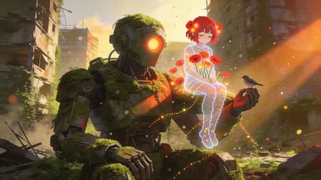 A Giant Moss-covered Robot With A giant moss-covered robot with a glowing eye sits in a post-apocalyptic overgrown city, holding a small bird on its hand. A translucent, pixelated young girl with short red hair and closed eyes, adorned with glowing poppies, sits on the robot's shoulder. Digital painting, anime art style, warm golden hour lighting, cinematic, ethereal, melancholic mood. Sunbeams, dust motes, and glowing particles fill the air. Rich greens, oranges, and reds. Abandoned buildings in the background.