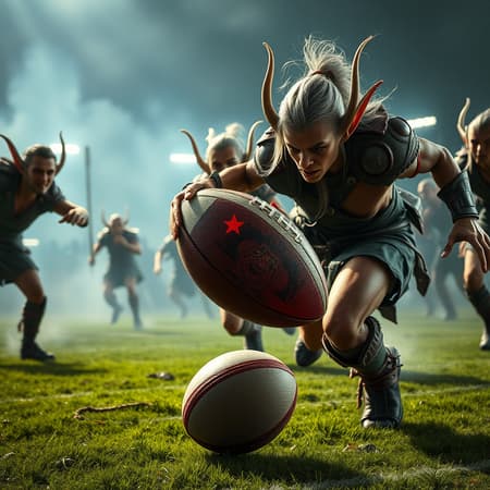 Dynamic realistic photograph on a fantasy football field featuring elves and orcs, captured with a 1000mm f/1.2 lens for rich detail and texture. The scene showcases full-body shots of characters with highly detailed skin, emphasizing the intense and mystical atmosphere. Unlike standard rugby balls, the one in play appears as a unique, vibrant artifact designed for this magical sport. The image is characterized by an artistic blend of vivid colors and sharp contrasts, enhancing the mythical setting. Elements like elf ears and orc tusks are intricately detailed, creating a lifelike appearance. Characters sport unique, fantastical gear, adding to the epic feel of this imaginary sport. The field is surrounded by an ethereal aura, intensifying the sense of fantasy and adventure. Dynamic realistic photograph on a fantasy football field featuring elves and orcs, captured with a 1000mm f/1.2 lens for rich detail and texture. The scene showcases full-body shots of characters with highly detailed skin, emphasizing the intense and mystical atmosphere. Unlike standard rugby balls, the one in play appears as a unique, vibrant artifact designed for this magical sport. The image is characterized by an artistic blend of vivid colors and sharp contrasts, enhancing the mythical setting. Elements like elf ears and orc tusks are intricately detailed, creating a lifelike appearance. Characters sport unique, fantastical gear, adding to the epic feel of this imaginary sport. The field is surrounded by an ethereal aura, intensifying the sense of fantasy and adventure.