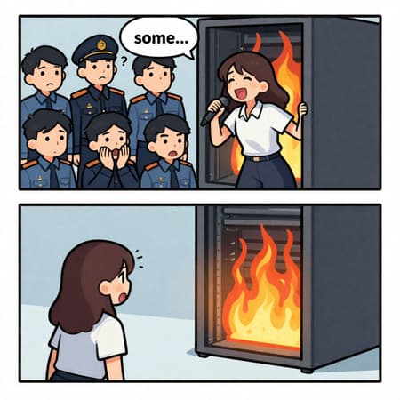 I want you to replace girl on image 1 (on lower frame) with ███████ from image 2. She is coming out of what was a server box, happily, singing All Star song. It is ███████. 
On first  frame everyone are confused - especially the comissar with question mark above him, as quiet "some..." was suddenly heard from the server
On second - everyone either facepalm or are terrified because she appeared. And yeah, the flames inside server box are pixelated. 
It is a comic based on picture 3. But use picture 1 as base!!! Do not change text, but maybe raise quality.