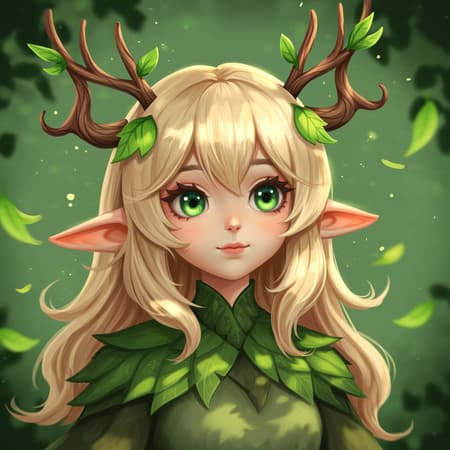 Blonde-haired Elf Blonde-haired elf girl with antler-like horns adorned with vibrant green leaves, captured in hyperdetailed digital anime art. The illustration, inspired by the styles of loish, WLOP, and guweiz, presents a charming and whimsical character blending fantasy and realism. Her large, expressive eyes and gentle expression add to her ethereal beauty, while delicate light filters through the leaves, casting playful shadows. This 3D anime-inspired piece showcases intricate textures and luminous colors, creating an enchanting, almost magical feel. Suitable for featuring on the best of ArtStation, this fanart captures the essence of anime fantasy in exquisite detail.