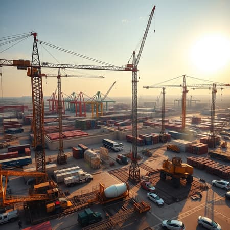 "Photographs capturing the bustling construction site of the dry port in Drogobich, highlighting the intricate dance of cranes and machinery against a backdrop of evolving infrastructure; workers in safety gear collaborating on colossal steel frameworks, a symphony of progress as cement mixers churn; the sun casts dynamic shadows on temporary structures, with a panorama showcasing the expansive layout of this pivotal logistics hub in development." "Photographs capturing the bustling construction site of the dry port in Drogobich, highlighting the intricate dance of cranes and machinery against a backdrop of evolving infrastructure; workers in safety gear collaborating on colossal steel frameworks, a symphony of progress as cement mixers churn; the sun casts dynamic shadows on temporary structures, with a panorama showcasing the expansive layout of this pivotal logistics hub in development."
