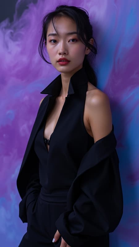 An elegant Asian model poses confidently against a backdrop of swirling shades of purple and blue, her black attire contrasting sharply with the vibrant colors. Her poised expression and the sleek lines of her clothing add a touch of sophistication to the scene, with the cascading hues behind her creating an almost ethereal atmosphere, subtly infusing the composition with a sense of chic modernity.