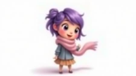 A whimsical cartoon character with vibrant purple hair and a cozy scarf wrapped gracefully around her neck stands against a pure white background. Her expression is lively and her eyes are full of curiosity. The scene has a distinct watercolor painting style, with soft brush strokes and vivid colors bringing her to life. Her skin is smooth and flawless, exuding a youthful glow. She stands in a soft backlight, highlighting the gentle curve of her silhouette, while her features are delicately defined. Despite the simplicity of the setting, she is the focal point of the image, exuding an aura of playful charm and creativity. The artist's touch is evident in the details, capturing the essence of her animated spirit in an artistic and unique portrayal.