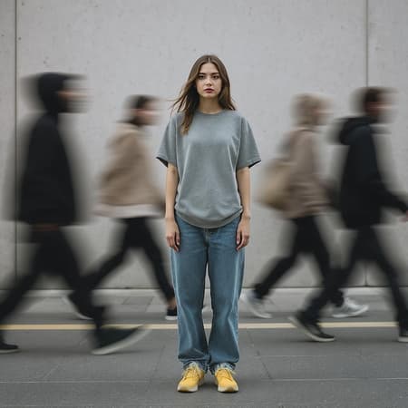 Photography, front view, an artistic image capturing the essence of urban hustle with a single focused female professional model standing still, surrounded by a blurred motion of multiple people walking past her, creating a sense of movement. The main model is wearing a grey loose-fit T-shirt and denim jogger pants with bright yellow skateboard shoes. The surrounding sub-models are dressed in loose-fit hoodies and jogger pants paired with sneakers. The image is captured using a Sony α9 II with a Sony FE 100-400mm f/4.5-5.6 GM OSS lens in an open, minimalistic space with soft, indirect lighting and a neutral color scheme that accentuates the motion blur. The main subject is sharply in focus, contrasting with the transient figures around her, emphasizing the theme of stillness amidst chaos. The background is a plain wall with a subtle texture to maintain focus on the motion effect. The overall style is raw with slight creative modifications, highlighting a dynamic yet serene urban narrative.