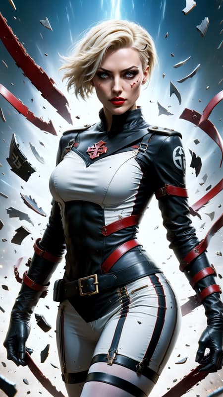 Sci-Fi dystopian world. Supervillain; she is their secret weapon and enemy to humanity, a member of the Neo-Nazi party. Genetically engineered to be a soldier and a telepath, she can read minds, attack minds, mind control, and influence peoples worst behavior, especially hate. She can draw large crowds and whip them into a fervor. She is also a fighter, and carries electrically charged throwing throwing stars shaped like swastikas. They explode when they hit their target. 
Caucasian female of German descent, Nordic good looks. Tall, slim but shapely, athletic, strong, fortitude. Pale blonde hair, pixie hairstyle cut very short on the sides and back, longer on top and flipped over one eye. (((Short hair))) Icy blue eyes with long lashes, intense stare looking into your mind. High cheekbones and full lips, very modelesque, dark red lipstick. She hardly ever smiles--- when she does, it's for all the wrong reasons. Her uniform is a white long sleeved spandex shirt with red stripes down the outside sleeves sides of the torso. There is a big red swastika on the front of the shirt-- she displays it proudly, unashamed. Black leather bracers on her arms, black shoulder pads, and black leather belt that meets in a V-shape at her waist. A form-fitting mid-thigh white skirt with red stripes down the sides. Sheer white leggings on shapely legs, and knee-high shiny black leather boots, high heeled but sturdy. She usually wears a shiny gold swastika pin somewhere on her person...she is unashamed. Full body pose, sending out brain waves to all that will hear..... 